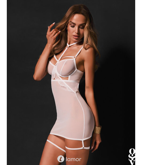 * OBSESSIVE Obsessive Arrowel Negligé – Wit Transparant Lingeriejurkje met Kant, Beugelcups, Halsband & Straps