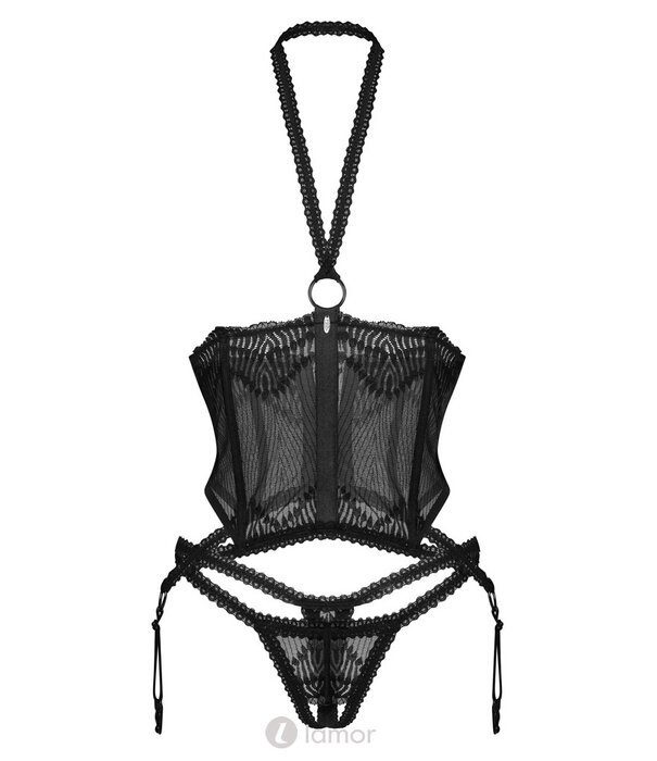 * OBSESSIVE Borstvrije Lingeriesetje met Halternek & Straps – Transparant Zwart – Inclusief String