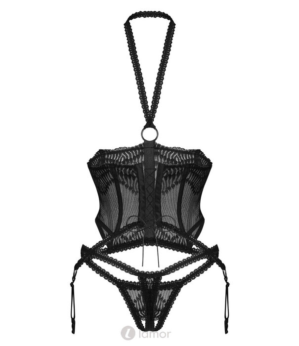 * OBSESSIVE Borstvrije Lingeriesetje met Halternek & Straps – Transparant Zwart – Inclusief String