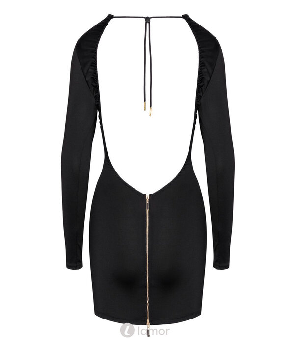 * COTTELLI  Cottelli PARTY Zwart Langarm Minikleed – Strakke Pasvorm, Open Rug & Gouden Rits