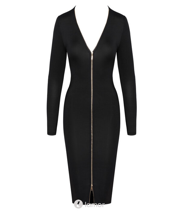 * COTTELLI  Cottelli PARTY Zwarte Midi Jurk met Lange Mouwen – Strakke Pasvorm & Gouden 2-Weg Rits voor Verleidelijke Look