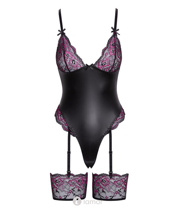 * COTTELLI  Cottelli LINGERIE Straps-Riobody – Zwarte Mattlook met Roze-Zwarte Kant, Verstelbare Strapse & Drukknoopsluiting