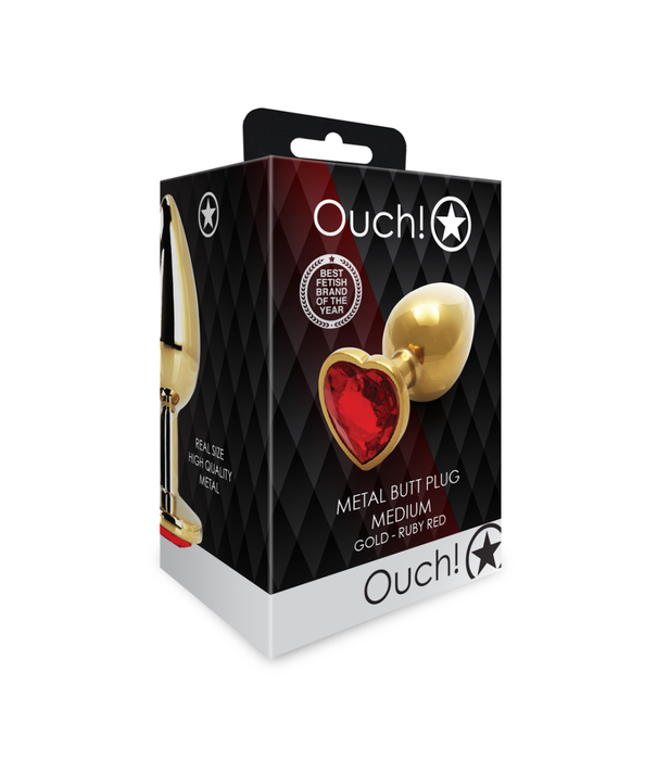Ouch! by Shots Hartje Gem Buttplug - Medium - Goud/Ruby Rood