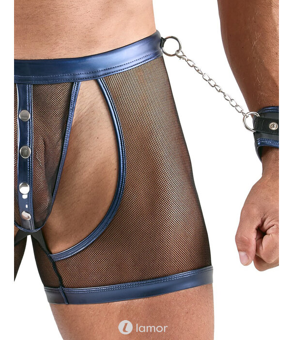 * SVENJOYMENT Svenjoyment Bondage Set – Kort Topje, Open Pants & Handboeien in Blue Metallic Wetlook