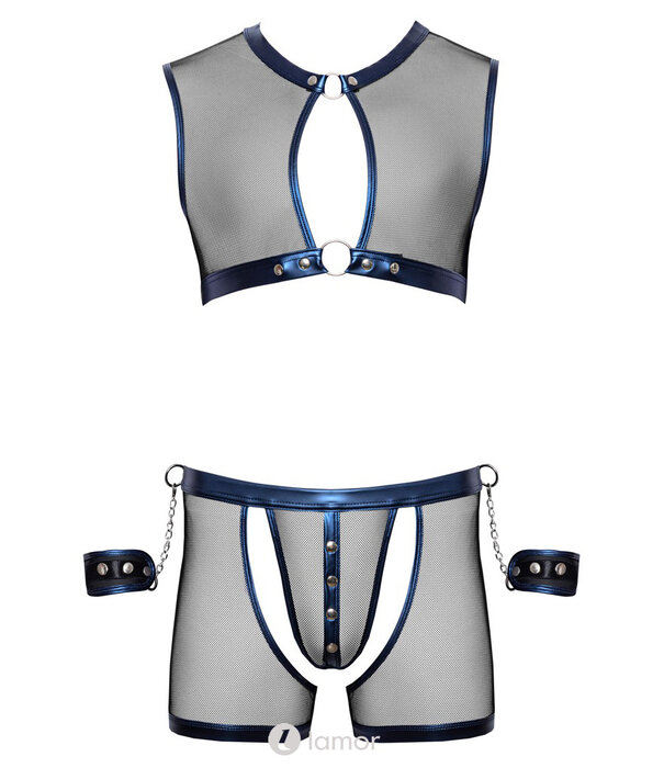 * SVENJOYMENT Svenjoyment Bondage Set – Kort Topje, Open Pants & Handboeien in Blue Metallic Wetlook