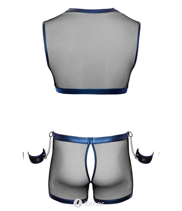 * SVENJOYMENT Svenjoyment Bondage Set – Kort Topje, Open Pants & Handboeien in Blue Metallic Wetlook