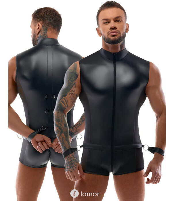 * SVENJOYMENT Mouwloze Bondage-Body met Handboeien – Mattlook & Net-Inzet