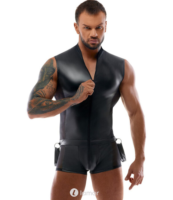 * SVENJOYMENT Mouwloze Bondage-Body met Handboeien – Mattlook & Net-Inzet