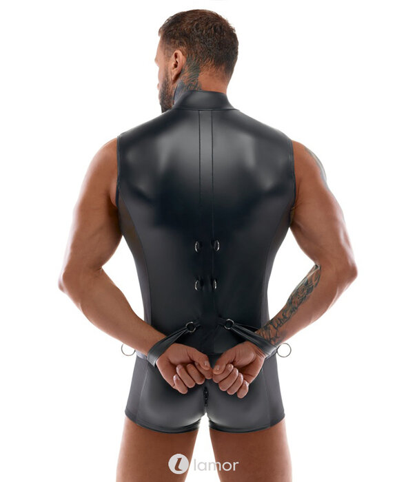 * SVENJOYMENT Mouwloze Bondage-Body met Handboeien – Mattlook & Net-Inzet