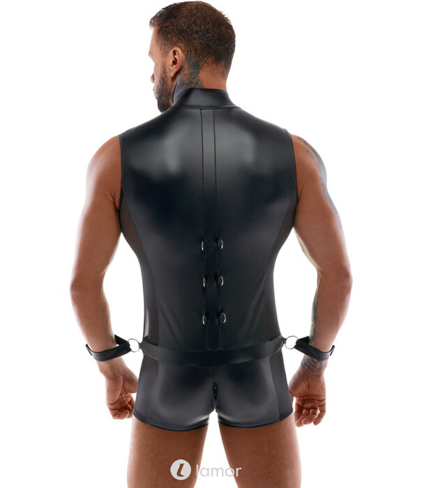 * SVENJOYMENT Mouwloze Bondage-Body met Handboeien – Mattlook & Net-Inzet