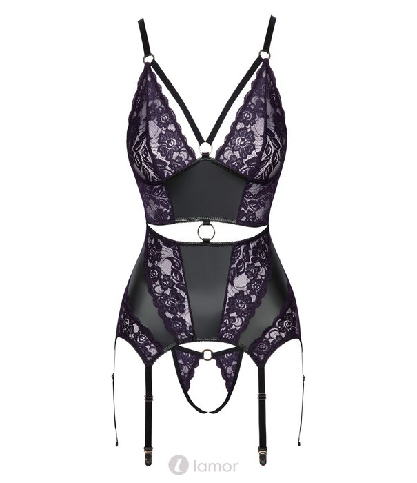 * COTTELLI  Elegante verleiding in zwart en donkerpaars – deze Cottelli Lingerie Strapshemd & String Ouvert set combineert luxe materialen met een sensueel design.
