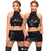 Zwart 2-delig Wetlook Set D164 met Karabijnsluiting – Sexy Top & Rok in Glanzend Materiaal