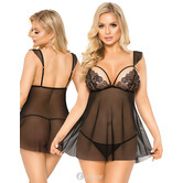 Chemise Cora – Sexy zwarte nachtjurk met wijd uitlopende rok, luxe kant en bandjesdetail