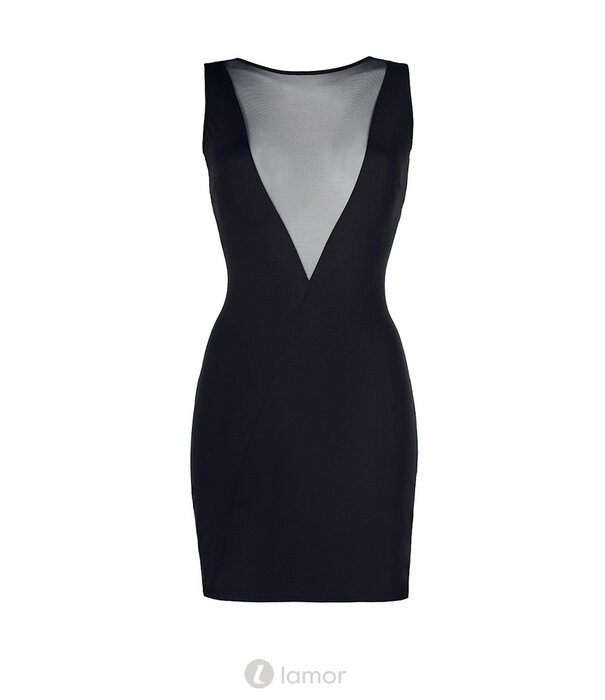 * AXAMI Elegant zwart clubwear jurkje van stretch en tule met geborduurde bloemen op de rug