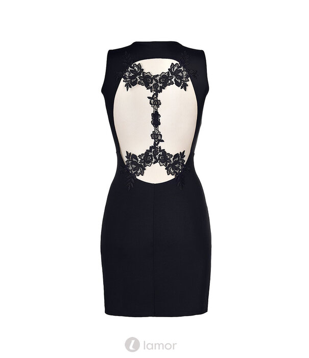 * AXAMI Elegant zwart clubwear jurkje van stretch en tule met geborduurde bloemen op de rug