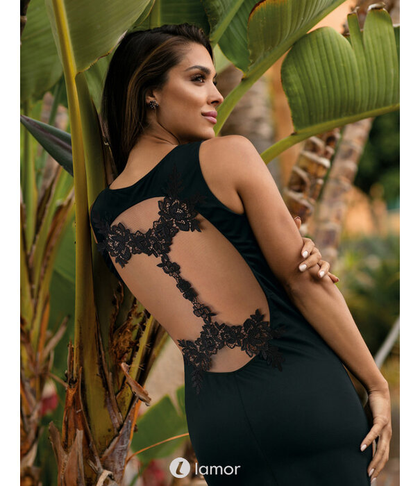 * AXAMI Elegant zwart clubwear jurkje van stretch en tule met geborduurde bloemen op de rug