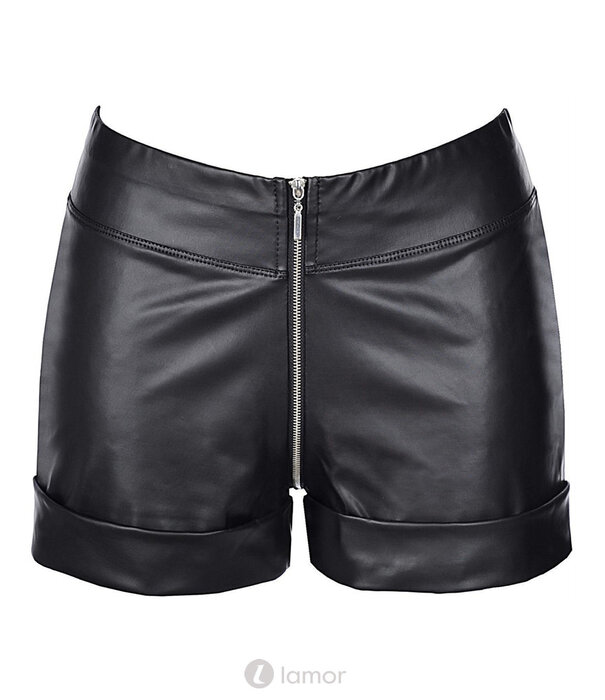 * AXAMI Sexy zwarte wetlook shorts van mat latexlook met rits voor & achter