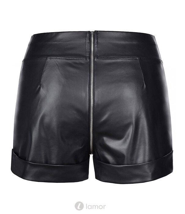 * AXAMI Sexy zwarte wetlook shorts van mat latexlook met rits voor & achter