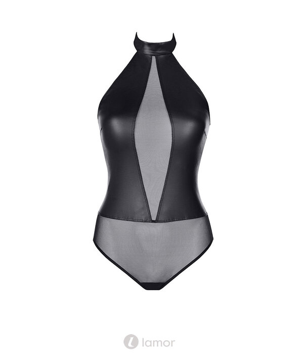 * AXAMI Zwarte Body van glanzend stretchmateriaal en zacht tule – verstelbare sluiting in het kruis