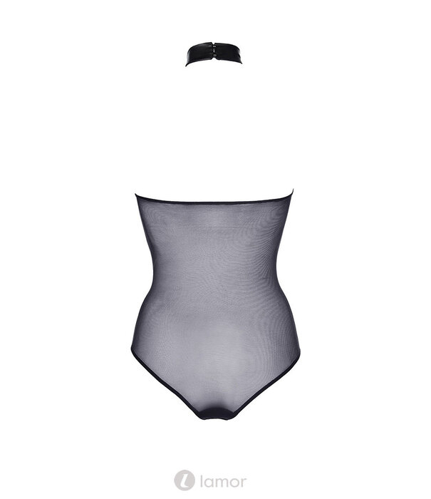 * AXAMI Zwarte Body van glanzend stretchmateriaal en zacht tule – verstelbare sluiting in het kruis