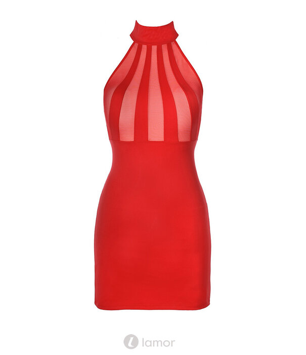 * AXAMI Verleidelijk rood neckholder jurkje van elastisch materiaal en fijn tule met open rug