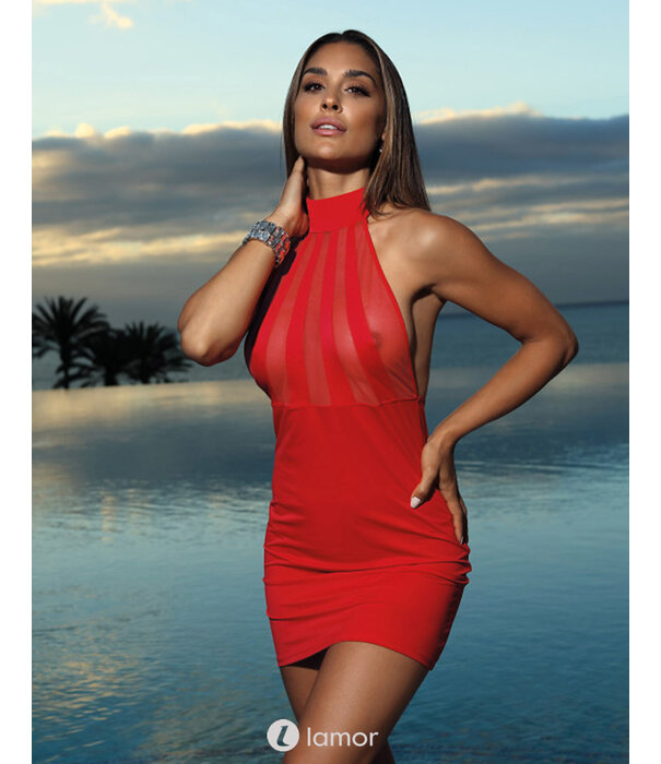 * AXAMI Verleidelijk rood neckholder jurkje van elastisch materiaal en fijn tule met open rug