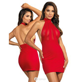 Verleidelijk rood neckholder jurkje van elastisch materiaal en fijn tule met open rug