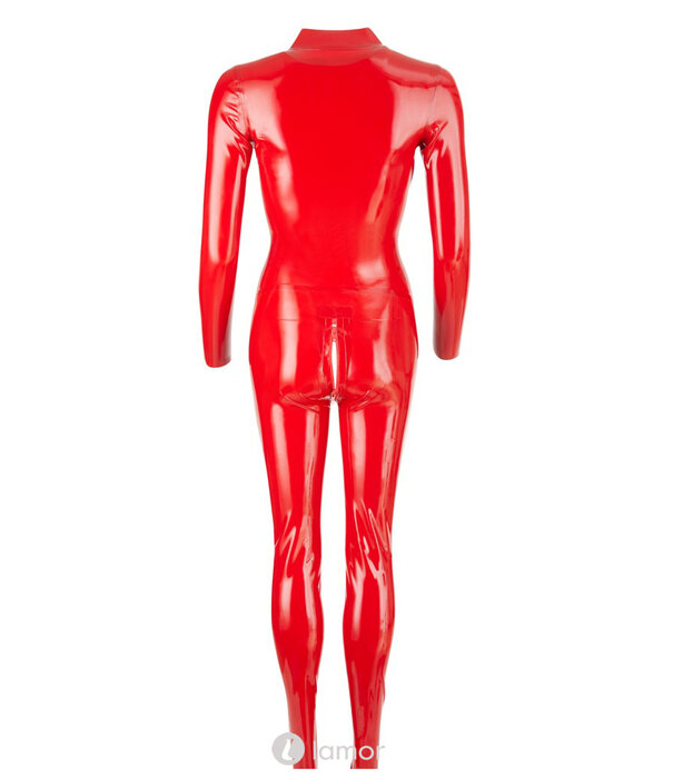 * LATE X Rode Latex Catsuit met opstaande kraag, Front Rits en Rits in het Kruis
