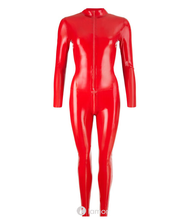 * LATE X Rode Latex Catsuit met opstaande kraag, Front Rits en Rits in het Kruis