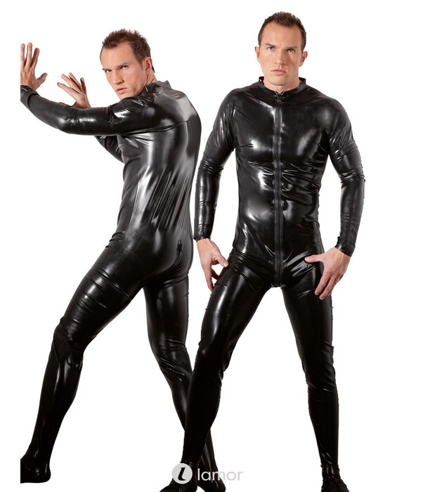 * LATE X Strakke latex overall met voet, 3-weg rits tot over de billen en 0,4 mm dikte – zwart