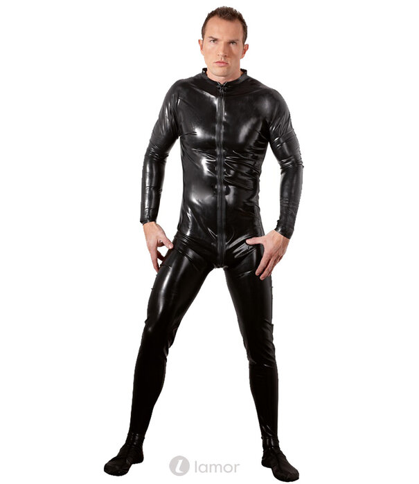 * LATE X Strakke latex overall met voet, 3-weg rits tot over de billen en 0,4 mm dikte – zwart