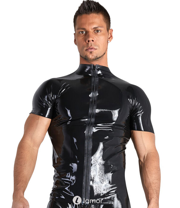 * LATE X Strak latex shirt van glanzend zwart natuurlatex met kleine hoge kraag en front-rits