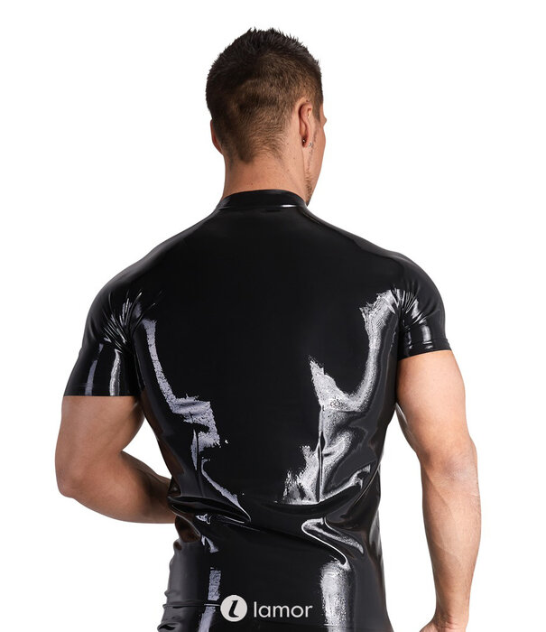 * LATE X Strak latex shirt van glanzend zwart natuurlatex met kleine hoge kraag en front-rits