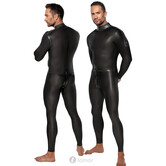 Hoge latex overall met lange mouwen, schouderritsen en lange 2-weg rits door het kruis