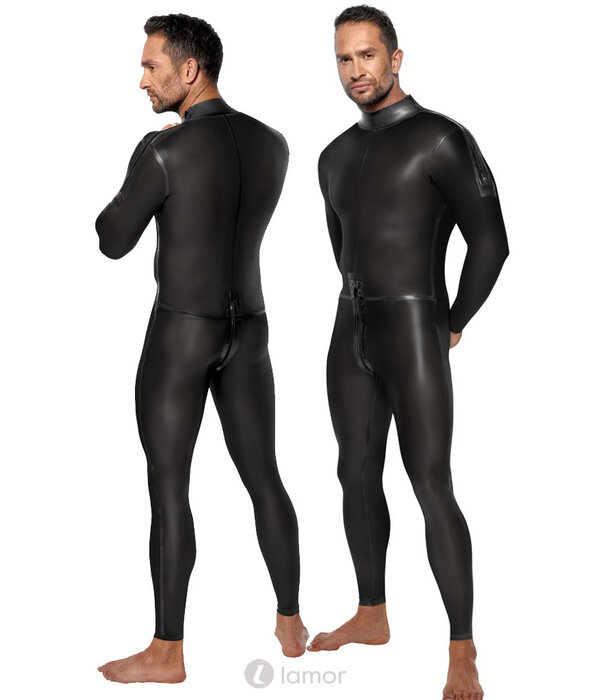 * LATE X Hoge latex overall met lange mouwen, schouderritsen en lange 2-weg rits door het kruis