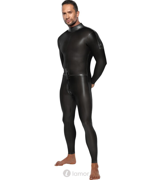 * LATE X Hoge latex overall met lange mouwen, schouderritsen en lange 2-weg rits door het kruis