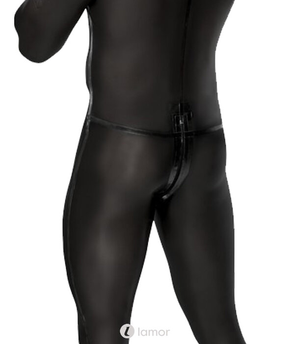 * LATE X Hoge latex overall met lange mouwen, schouderritsen en lange 2-weg rits door het kruis