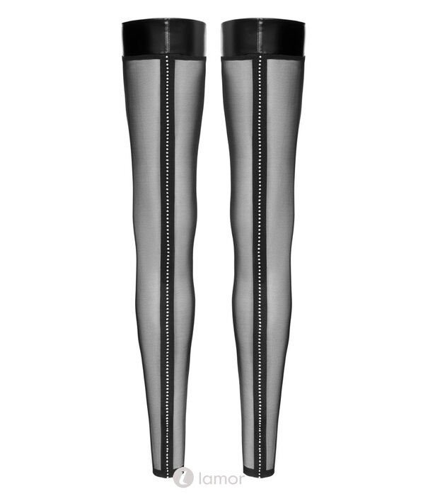 * NOIR handmade Exclusieve Noir Handmade overknees zonder voet in zwarte transparantie met glinsterende naad en powerwetlook afsluiting