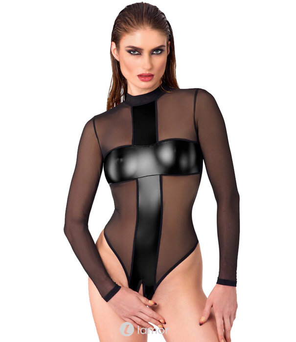 * NOIR handmade Noir  Handmade Transparante Langarm Body met Powerwetlook Strepen en Ouvert