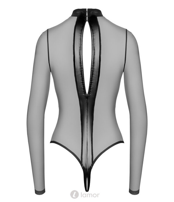 * NOIR handmade Noir  Handmade Transparante Langarm Body met Powerwetlook Strepen en Ouvert