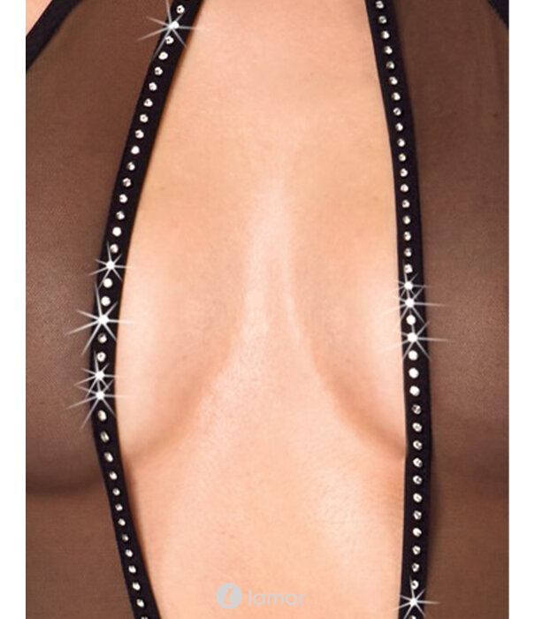 * NOIR handmade Noir Handmade Zwarte Stringbody zonder Schouders en Rug in Powerwetlook & Powernet