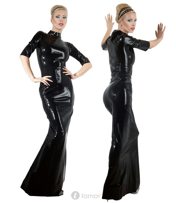 * LATE X Verleidelijke latex jurk met hoge kraag, taillering en doorlopende rits