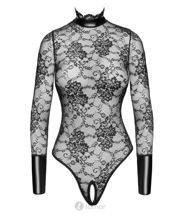 * NOIR handmade Noir Handmade Stringbody Ouvert van zwarte kant met lange mouwen, Powerwetlook details en open kruis