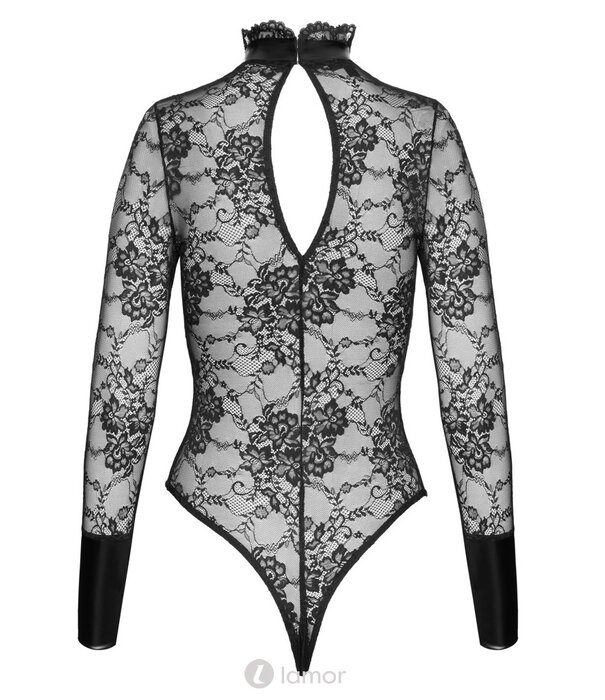 * NOIR handmade Noir Handmade Stringbody Ouvert van zwarte kant met lange mouwen, Powerwetlook details en open kruis