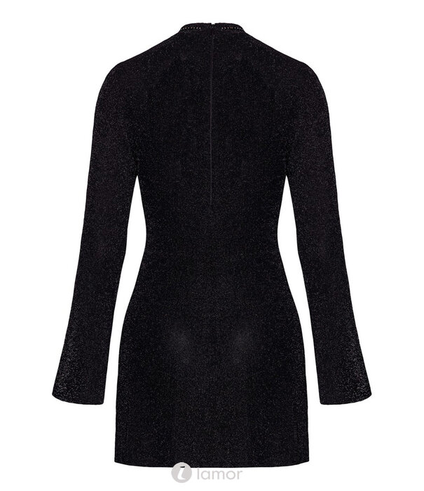 * NOIR handmade Noir Handmade  Uitlopend Minijurkje van zwarte glitter-transparantie met lange trompetmouwen en glinsterende stass kraag