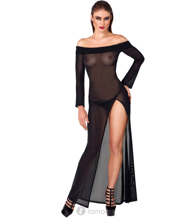 * NOIR handmade Noir Handmade Enkellange Jurk van zwarte glitter-transparantie met Carmen-halslijn, trompetmouwen en hoge split