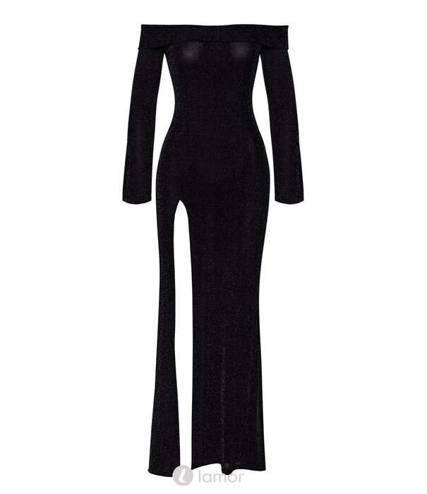 * NOIR handmade Noir Handmade Enkellange Jurk van zwarte glitter-transparantie met Carmen-halslijn, trompetmouwen en hoge split