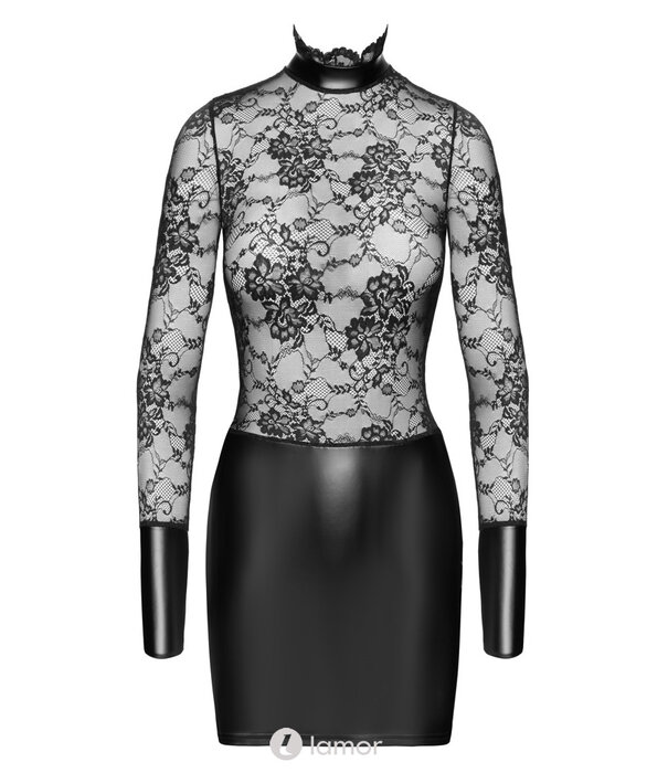 * NOIR handmade Noir Handmade  Minijurkje van zwarte kant met Powerwetlook details, lange mouwen en taillering