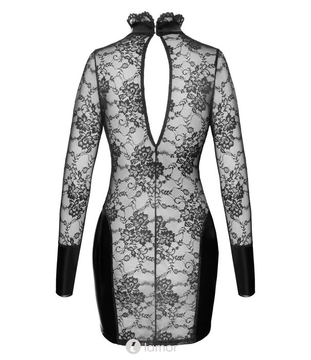 * NOIR handmade Noir Handmade  Minijurkje van zwarte kant met Powerwetlook details, lange mouwen en taillering