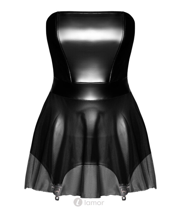 * NOIR handmade Noir Handmade  Strapless Mini Jurk van Powerwetlook met 4 jarretels en luchtig tule rokje